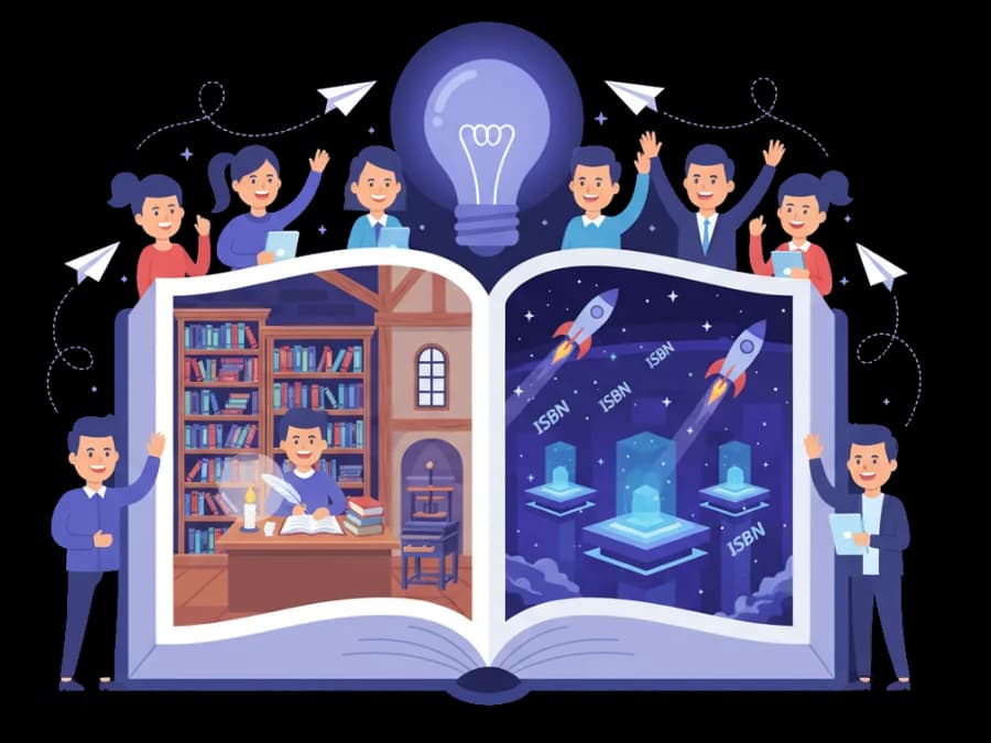 Library shelves filled with published books